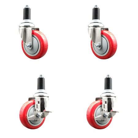 Service Caster 4 Inch 316SS Red Poly Swivel 1-1/4 Inch Expanding Stem Caster Brake SCC, 2PK SS316EX20S414-PPUB-RED-2-TLB-2-114
